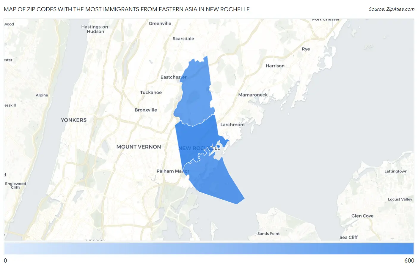 Zip Codes with the Most Immigrants from Eastern Asia in New Rochelle Map
