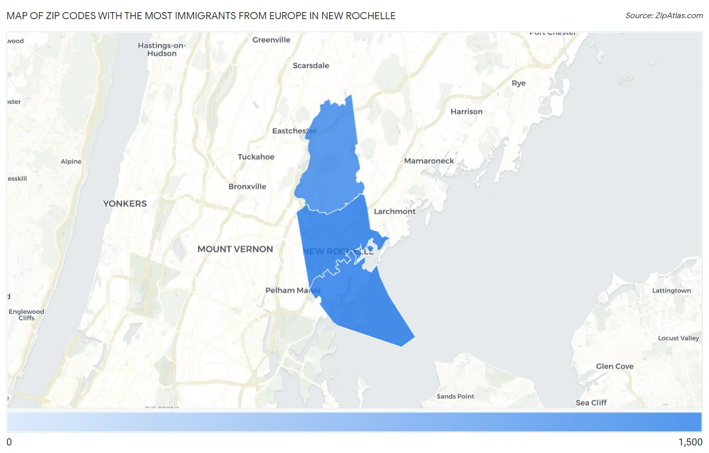 Zip Codes with the Most Immigrants from Europe in New Rochelle Map