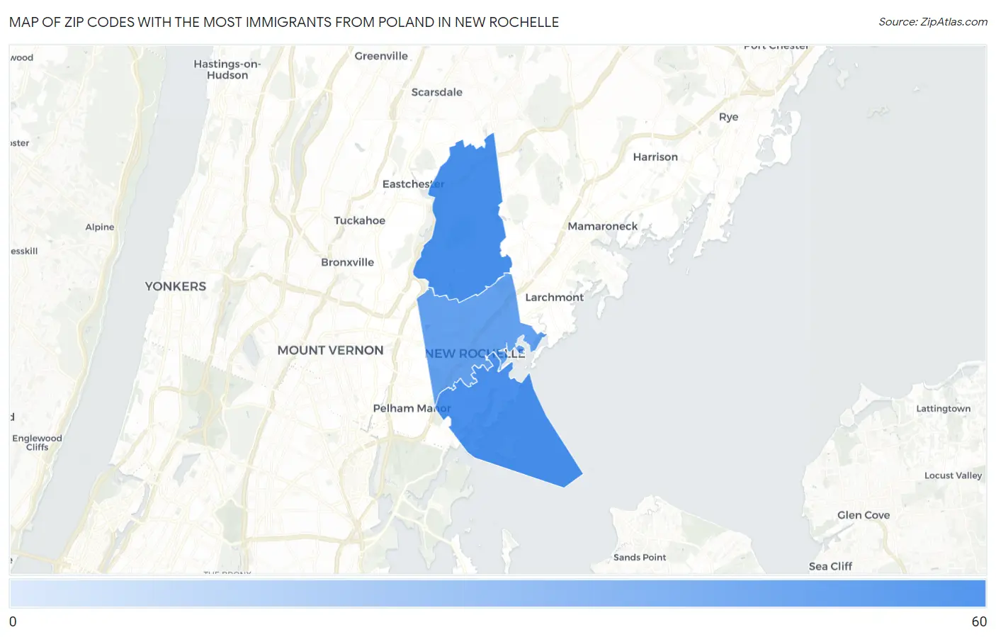 Zip Codes with the Most Immigrants from Poland in New Rochelle Map