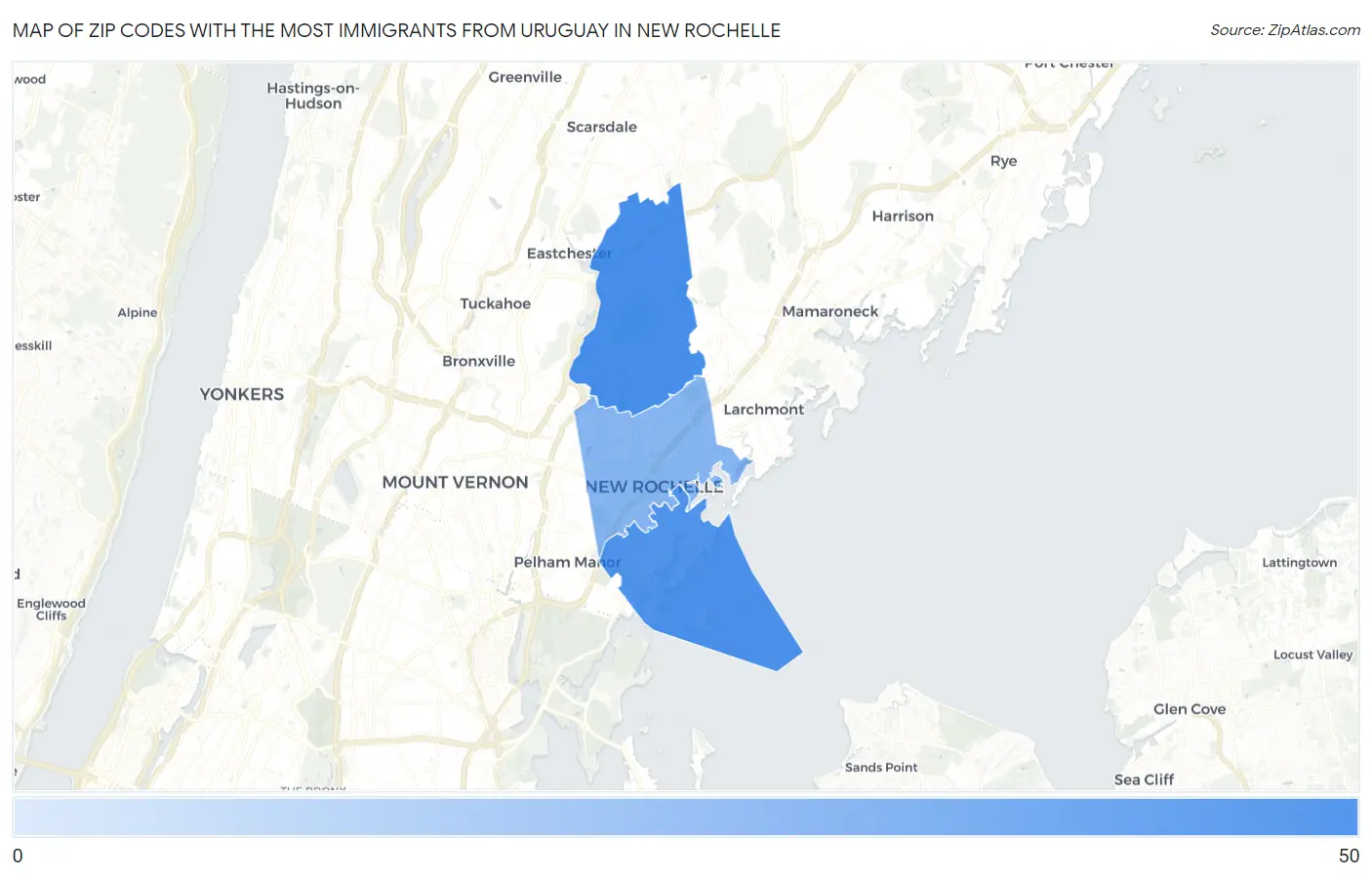 Zip Codes with the Most Immigrants from Uruguay in New Rochelle Map