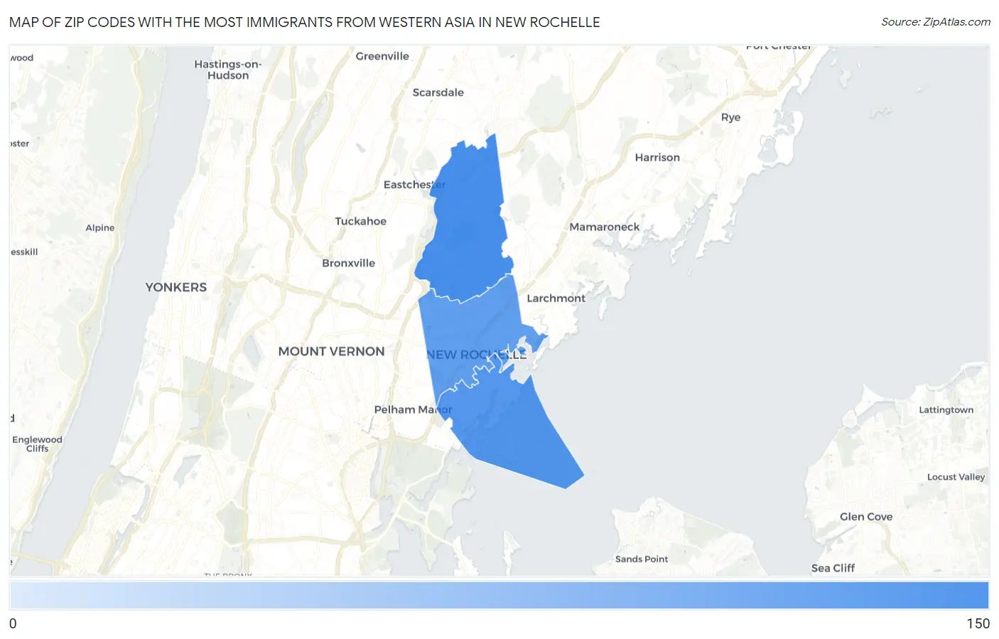 Zip Codes with the Most Immigrants from Western Asia in New Rochelle Map