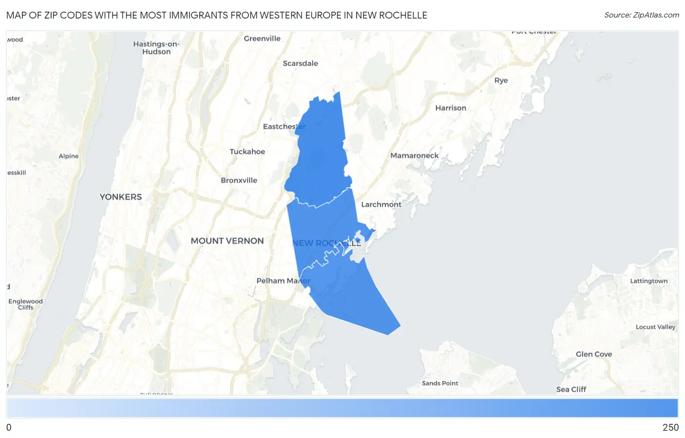 Zip Codes with the Most Immigrants from Western Europe in New Rochelle Map