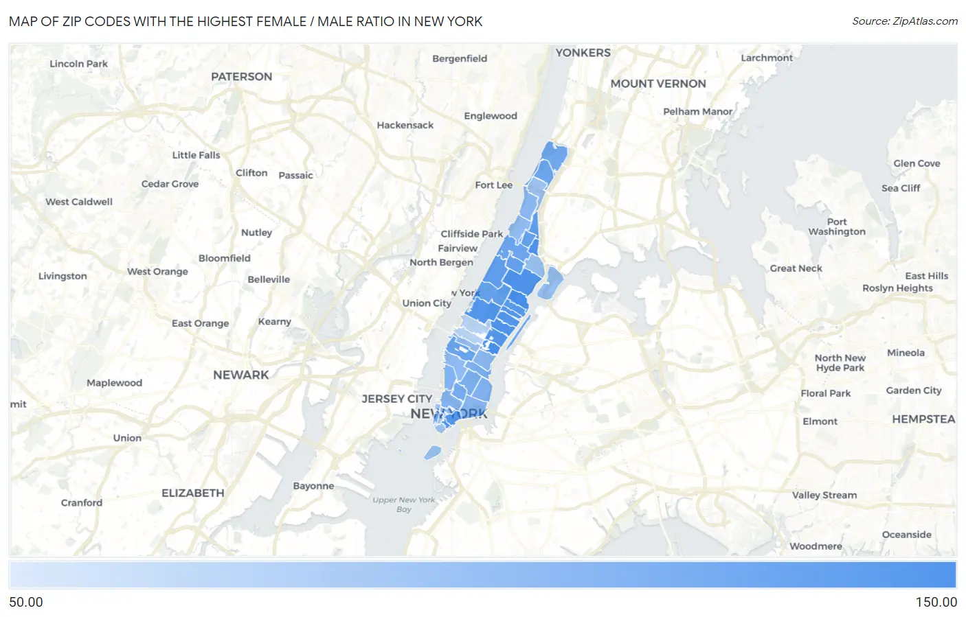 Zip Codes with the Highest Female / Male Ratio in New York Map