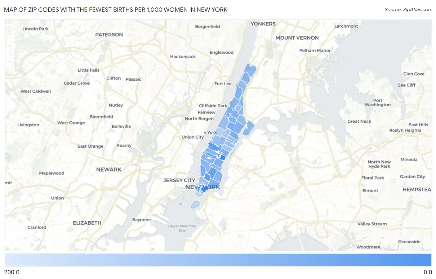 Zip Codes with the Fewest Births per 1,000 Women in New York Map