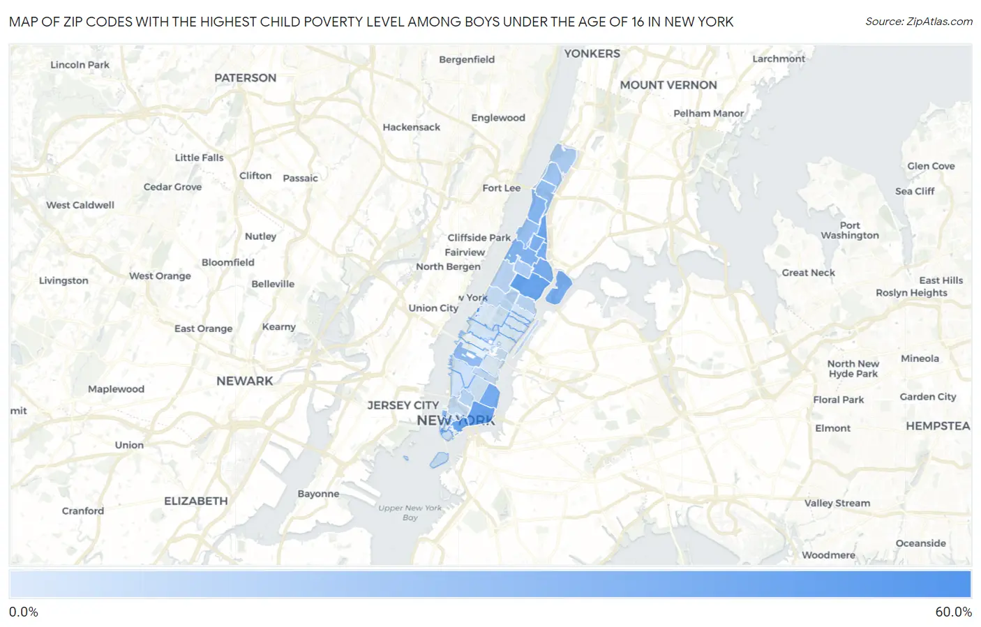 Zip Codes with the Highest Child Poverty Level Among Boys Under the Age of 16 in New York Map