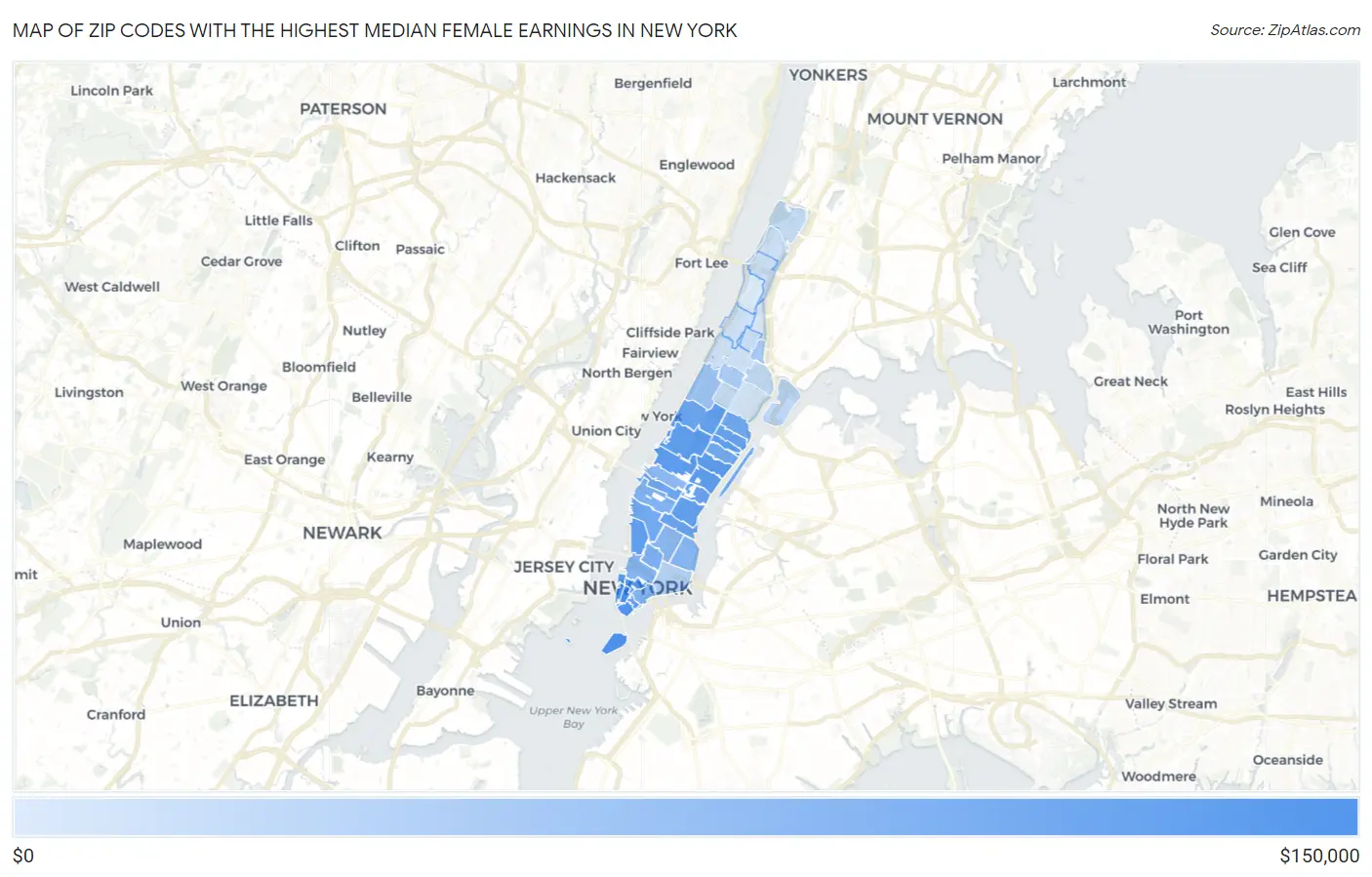 Zip Codes with the Highest Median Female Earnings in New York Map