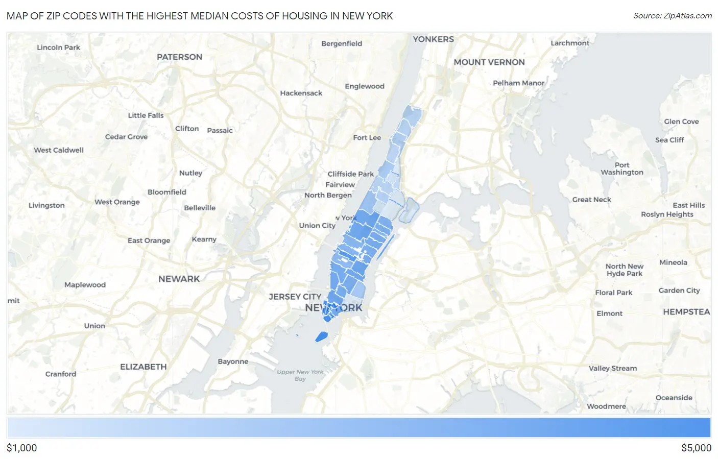 Zip Codes with the Highest Median Costs of Housing in New York Map