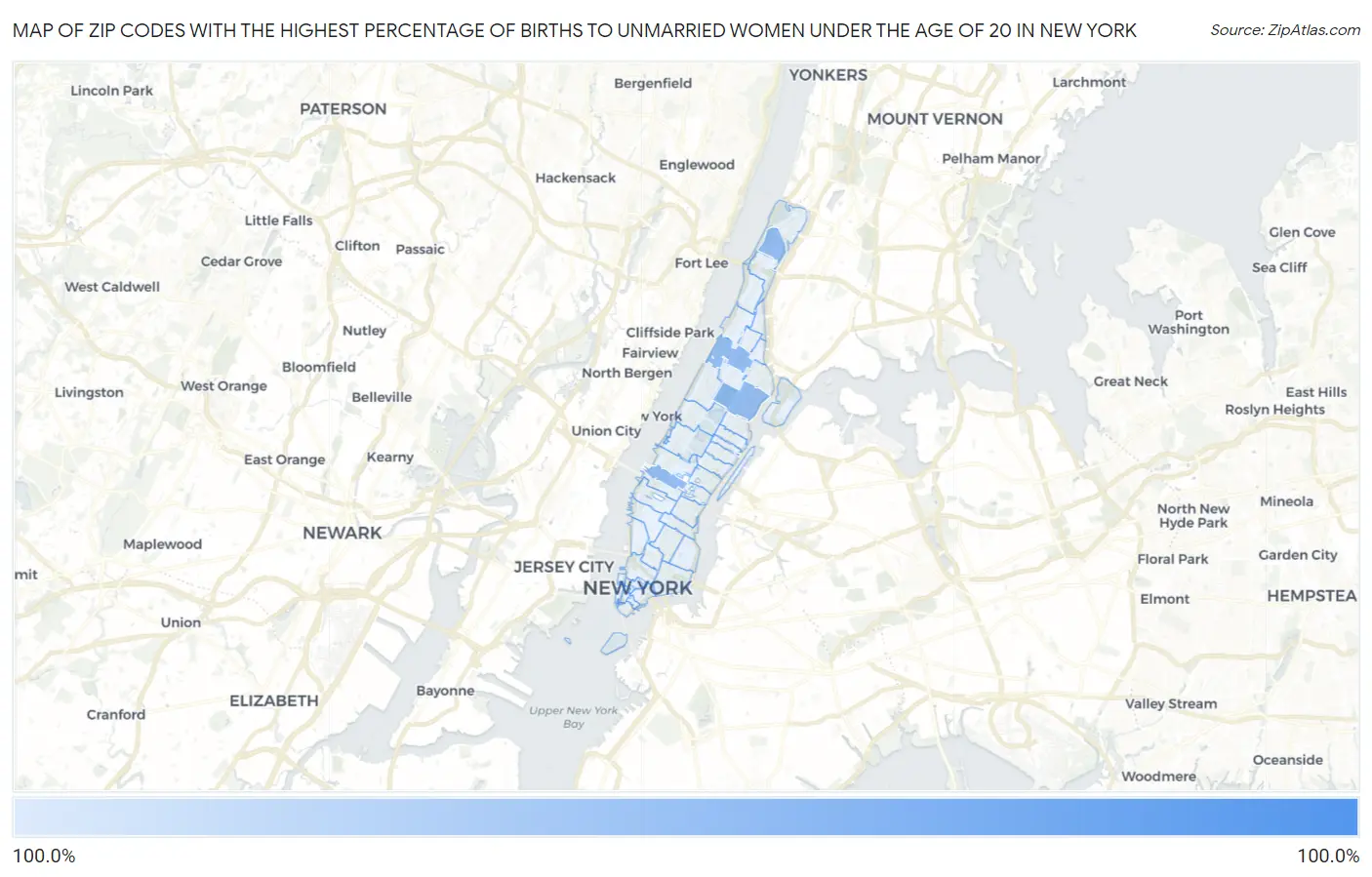 Zip Codes with the Highest Percentage of Births to Unmarried Women under the Age of 20 in New York Map