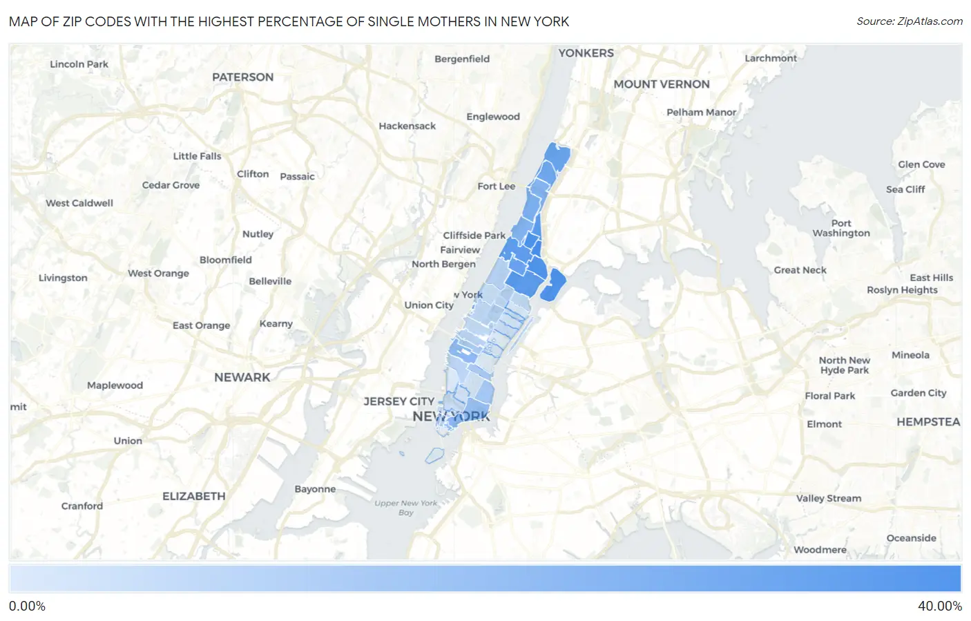 Zip Codes with the Highest Percentage of Single Mothers in New York Map