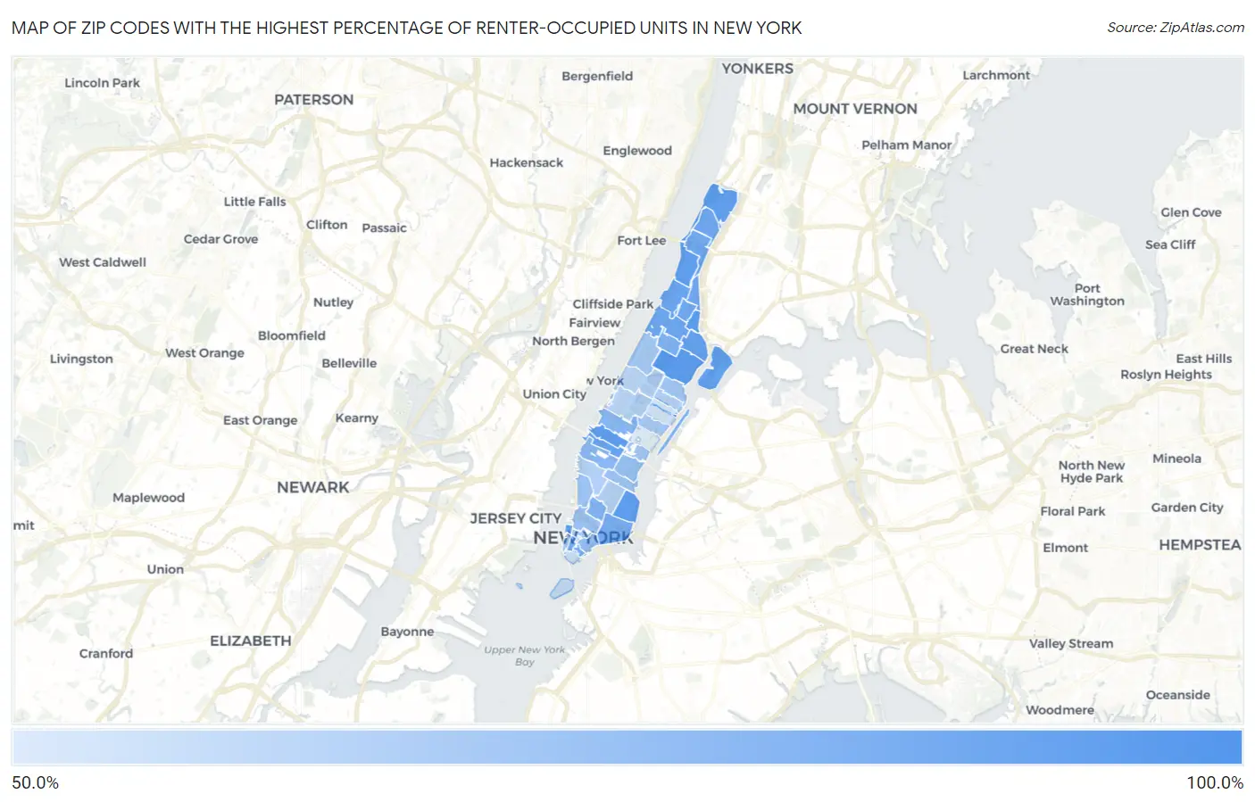 Zip Codes with the Highest Percentage of Renter-Occupied Units in New York Map