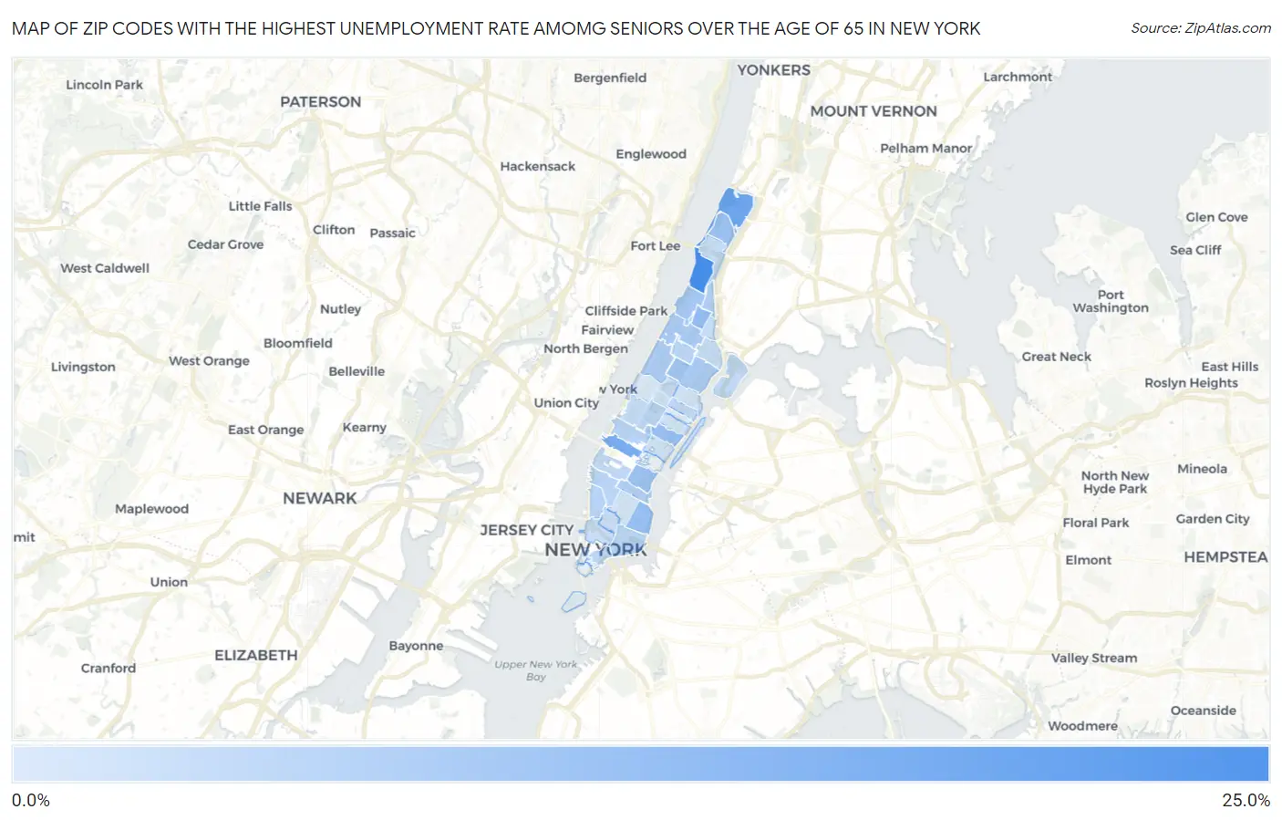Zip Codes with the Highest Unemployment Rate Amomg Seniors Over the Age of 65 in New York Map