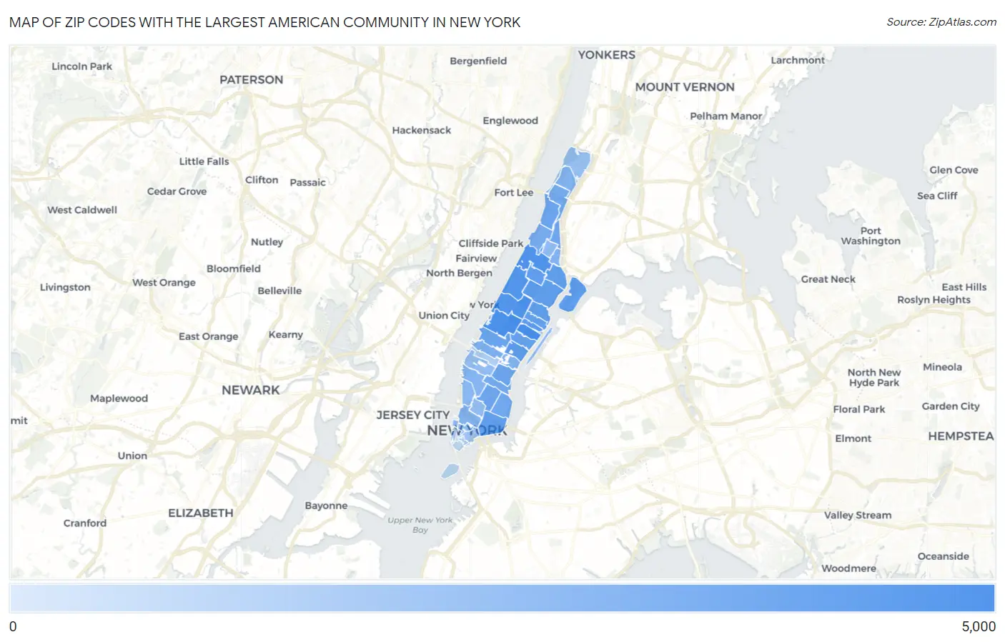 Zip Codes with the Largest American Community in New York Map
