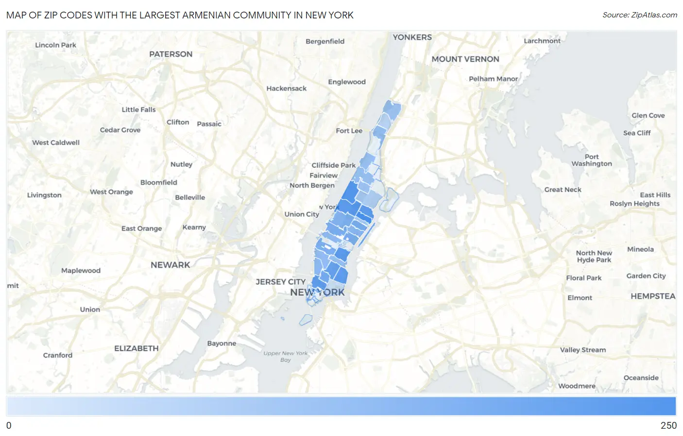 Zip Codes with the Largest Armenian Community in New York Map