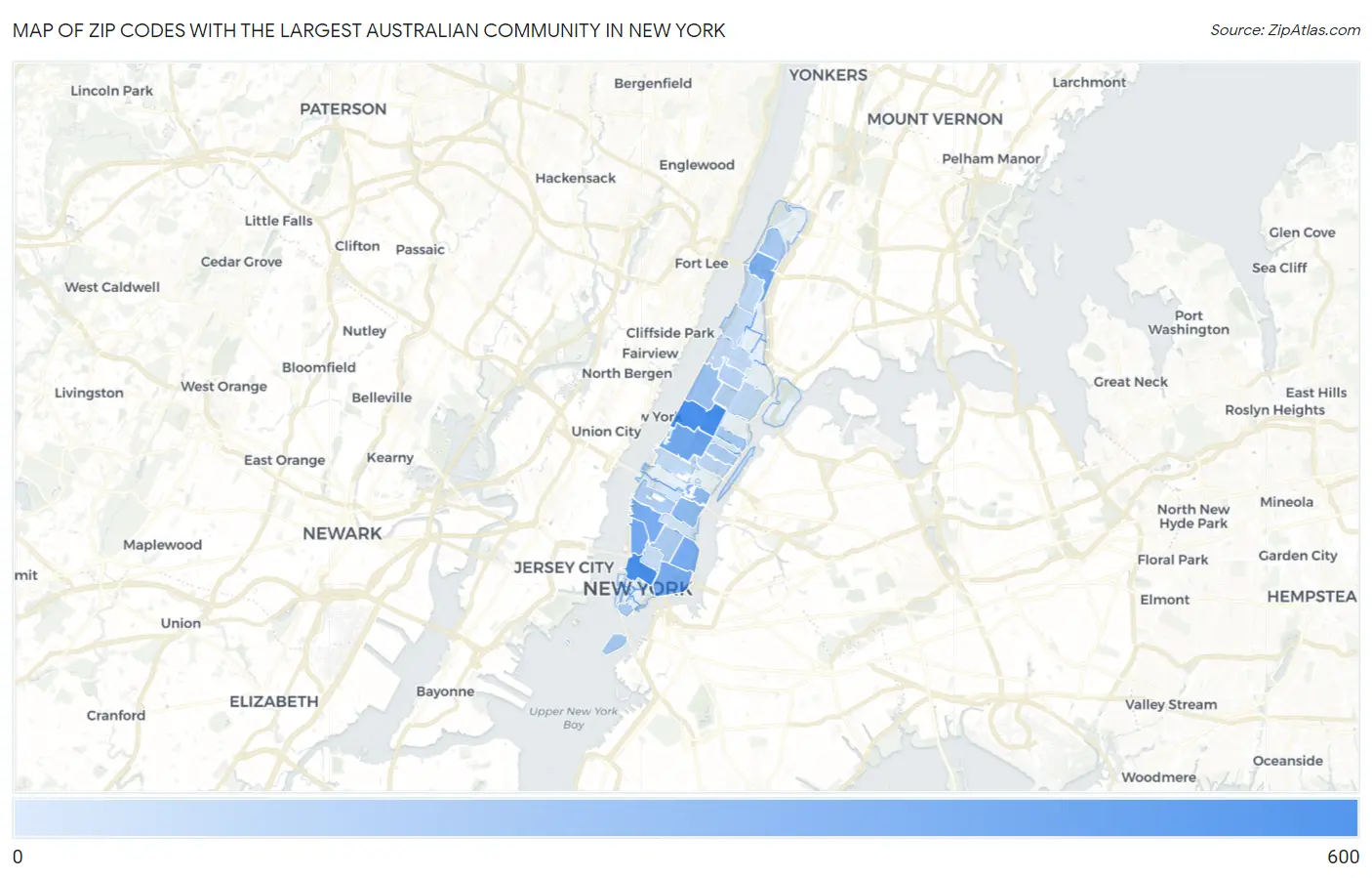 Zip Codes with the Largest Australian Community in New York Map