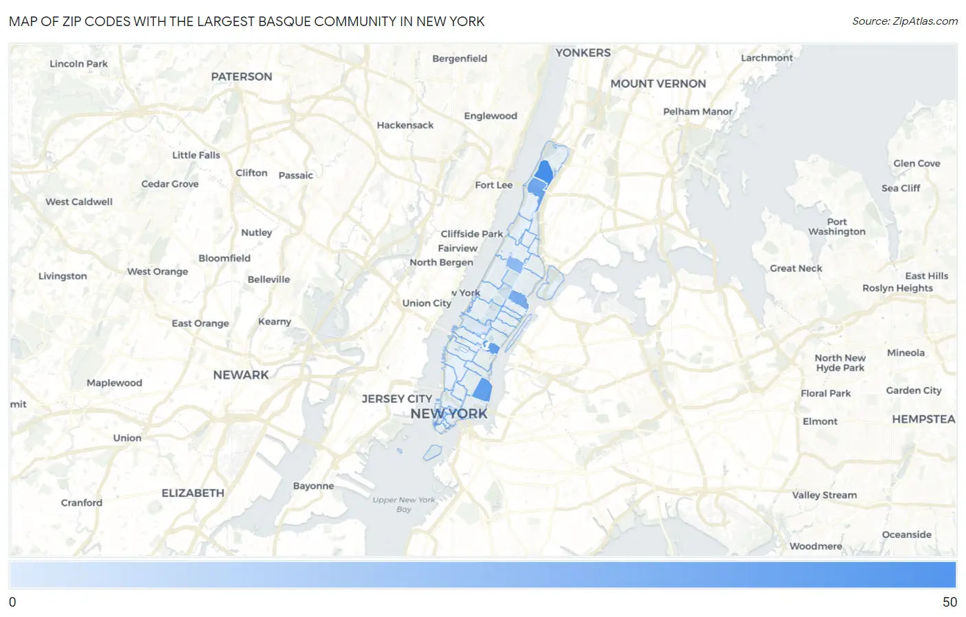 Zip Codes with the Largest Basque Community in New York Map