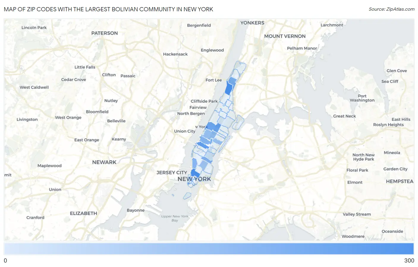 Zip Codes with the Largest Bolivian Community in New York Map