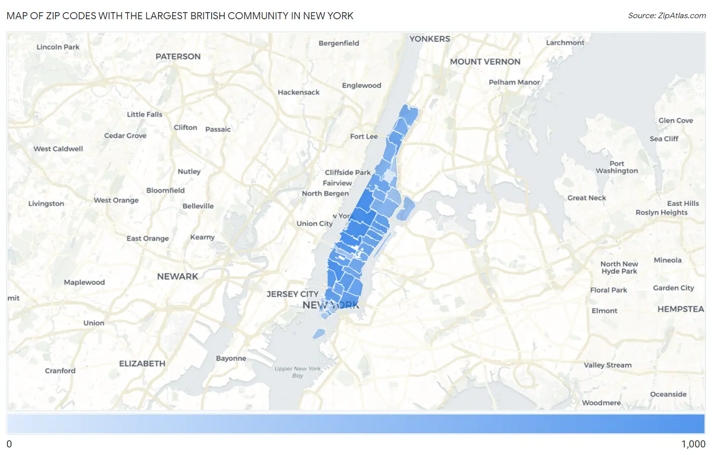 Zip Codes with the Largest British Community in New York Map