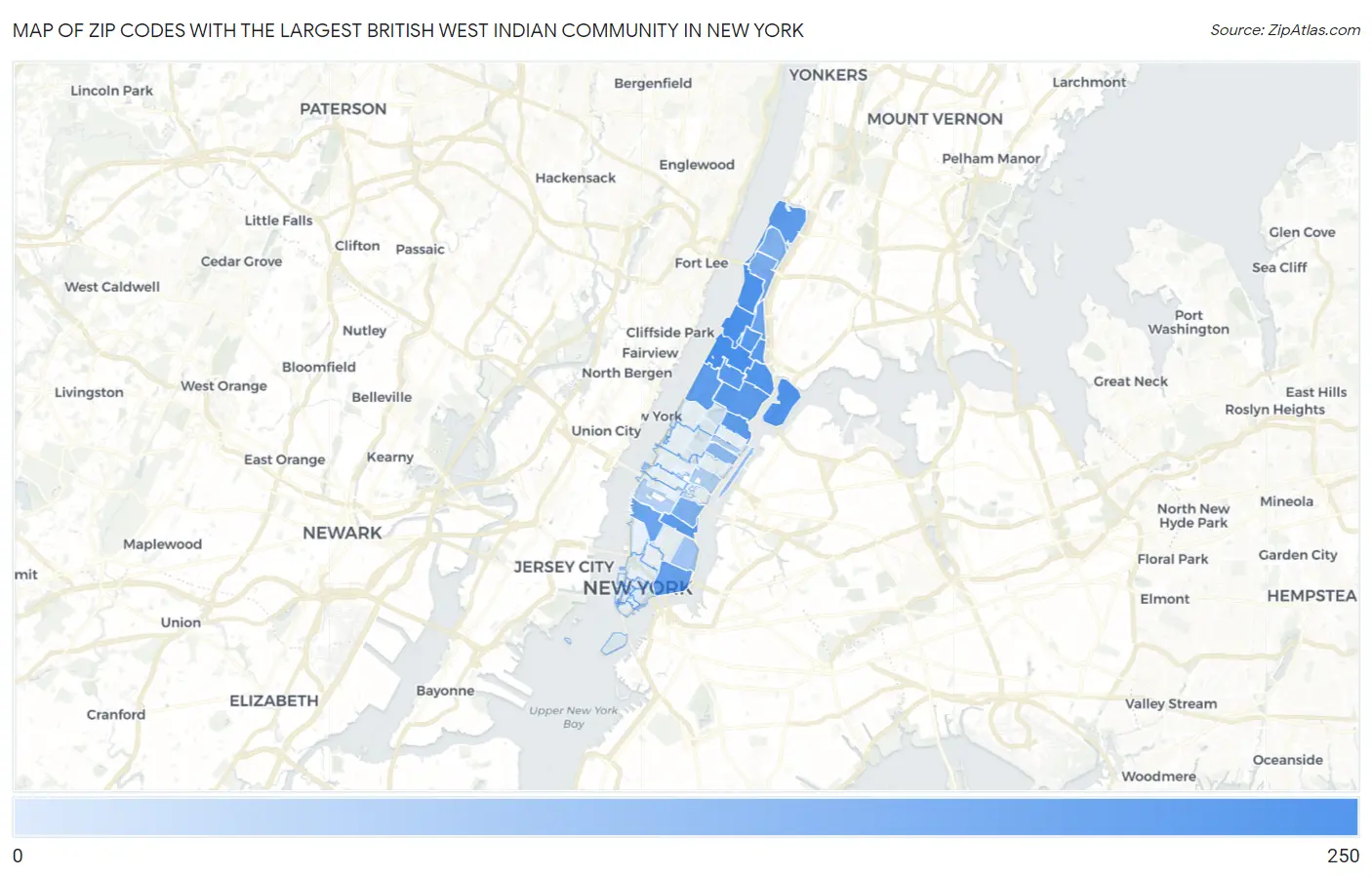 Zip Codes with the Largest British West Indian Community in New York Map
