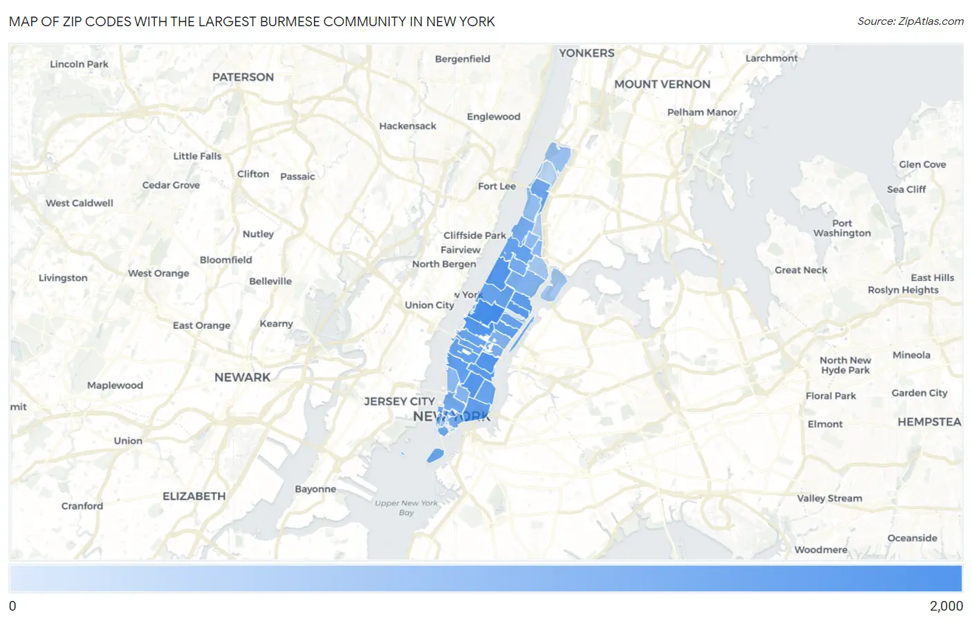 Zip Codes with the Largest Burmese Community in New York Map