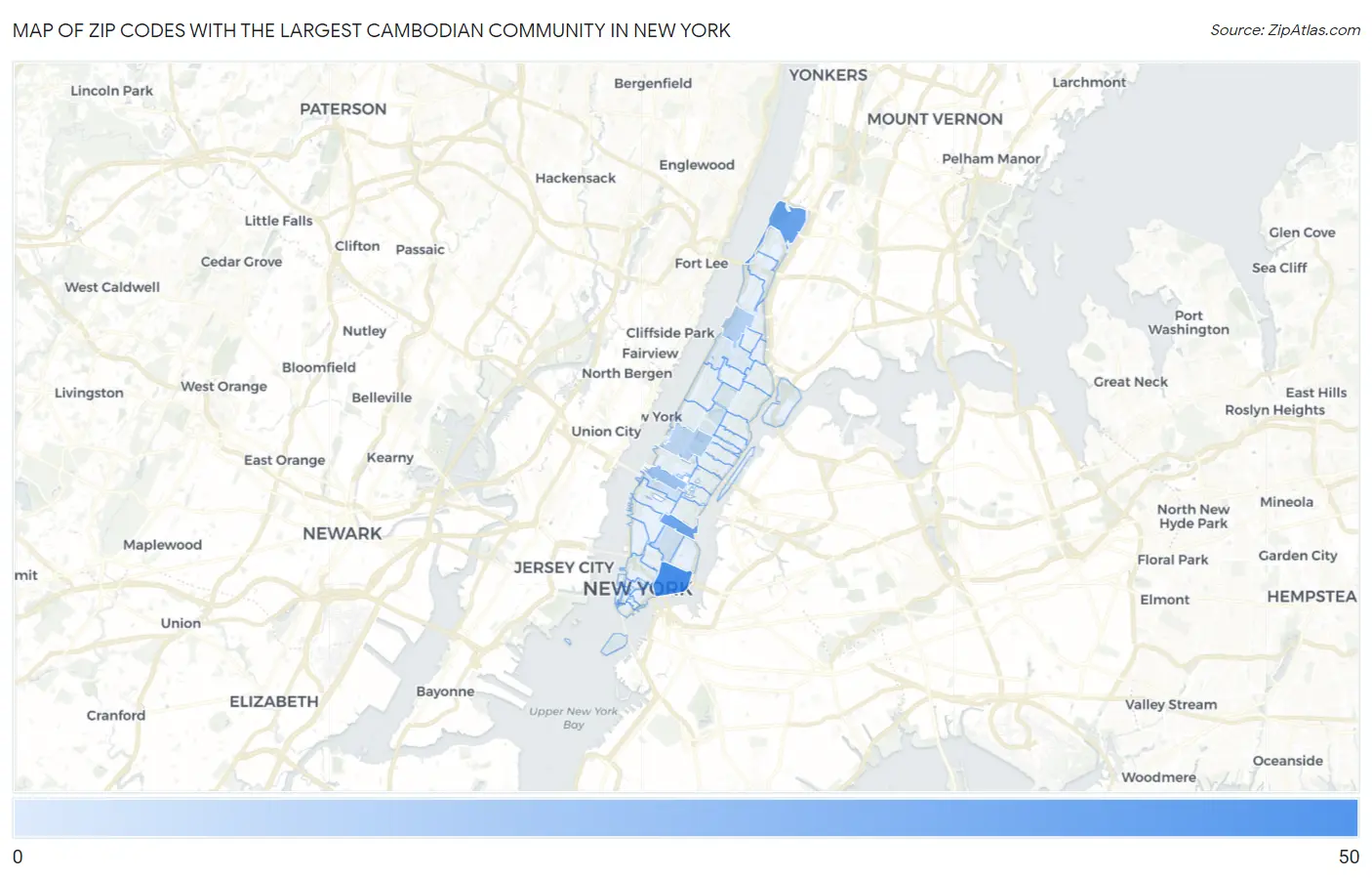 Zip Codes with the Largest Cambodian Community in New York Map