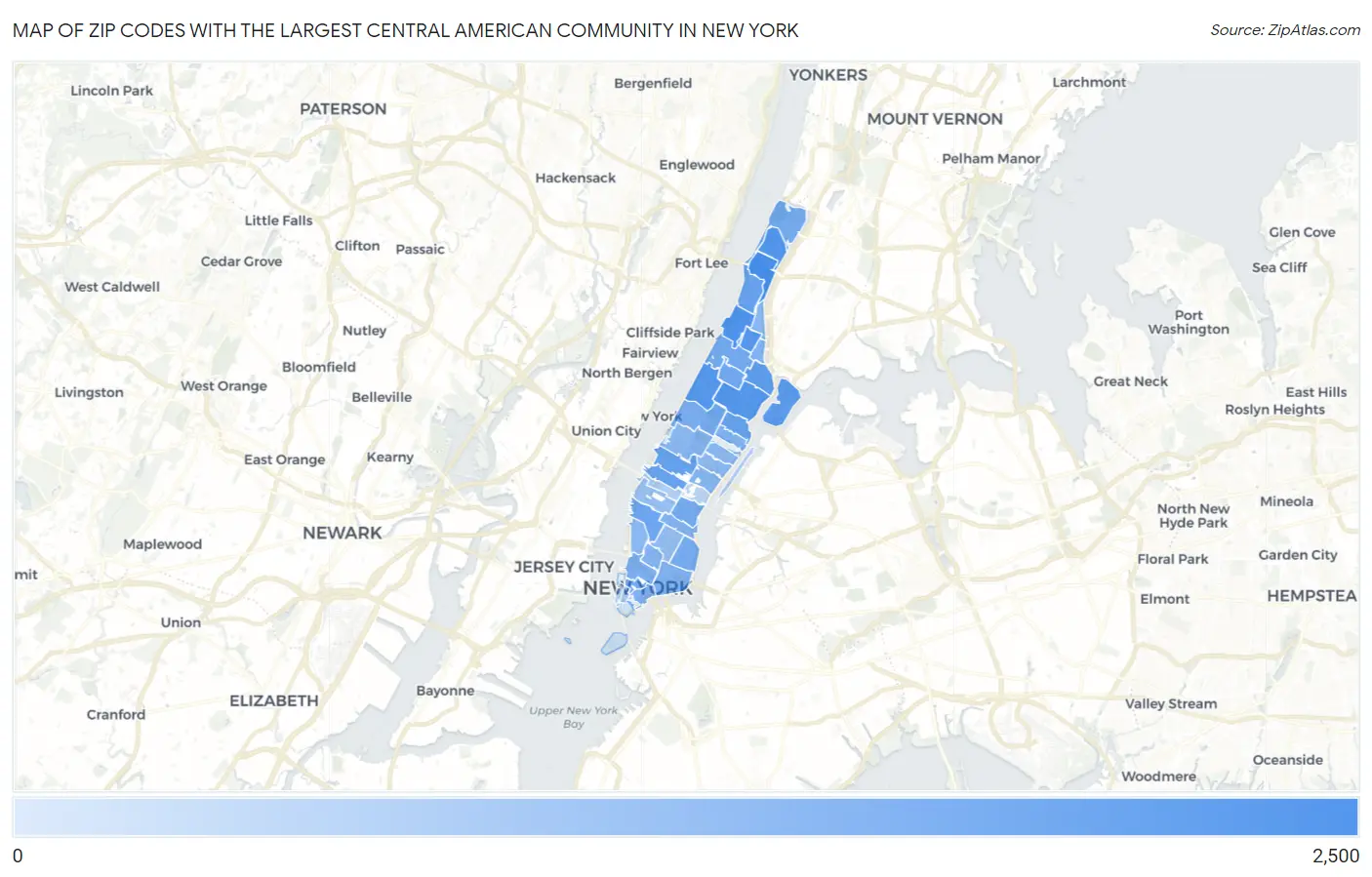 Zip Codes with the Largest Central American Community in New York Map