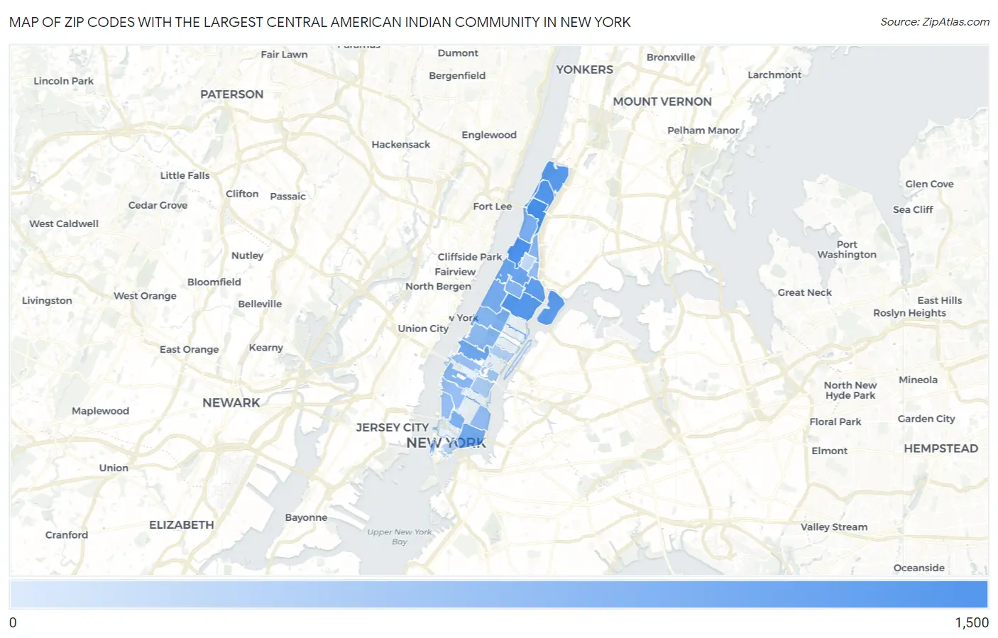 Zip Codes with the Largest Central American Indian Community in New York Map