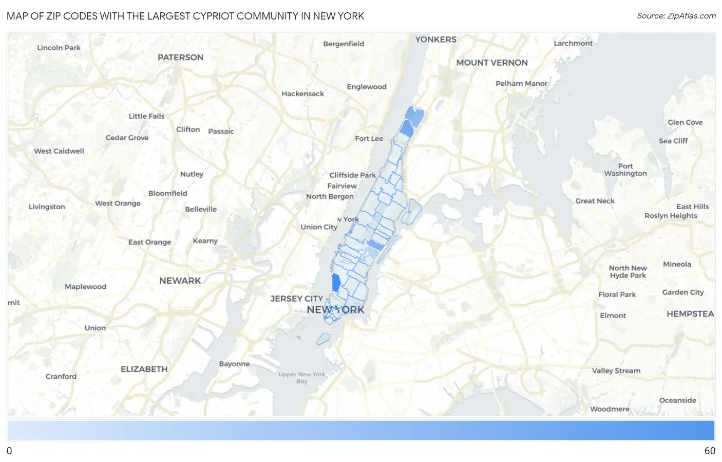 Zip Codes with the Largest Cypriot Community in New York Map