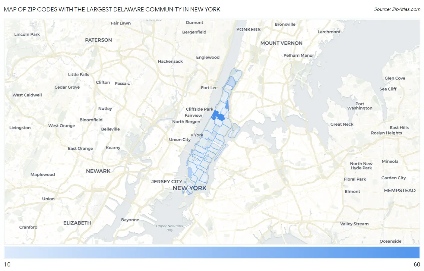 Zip Codes with the Largest Delaware Community in New York Map