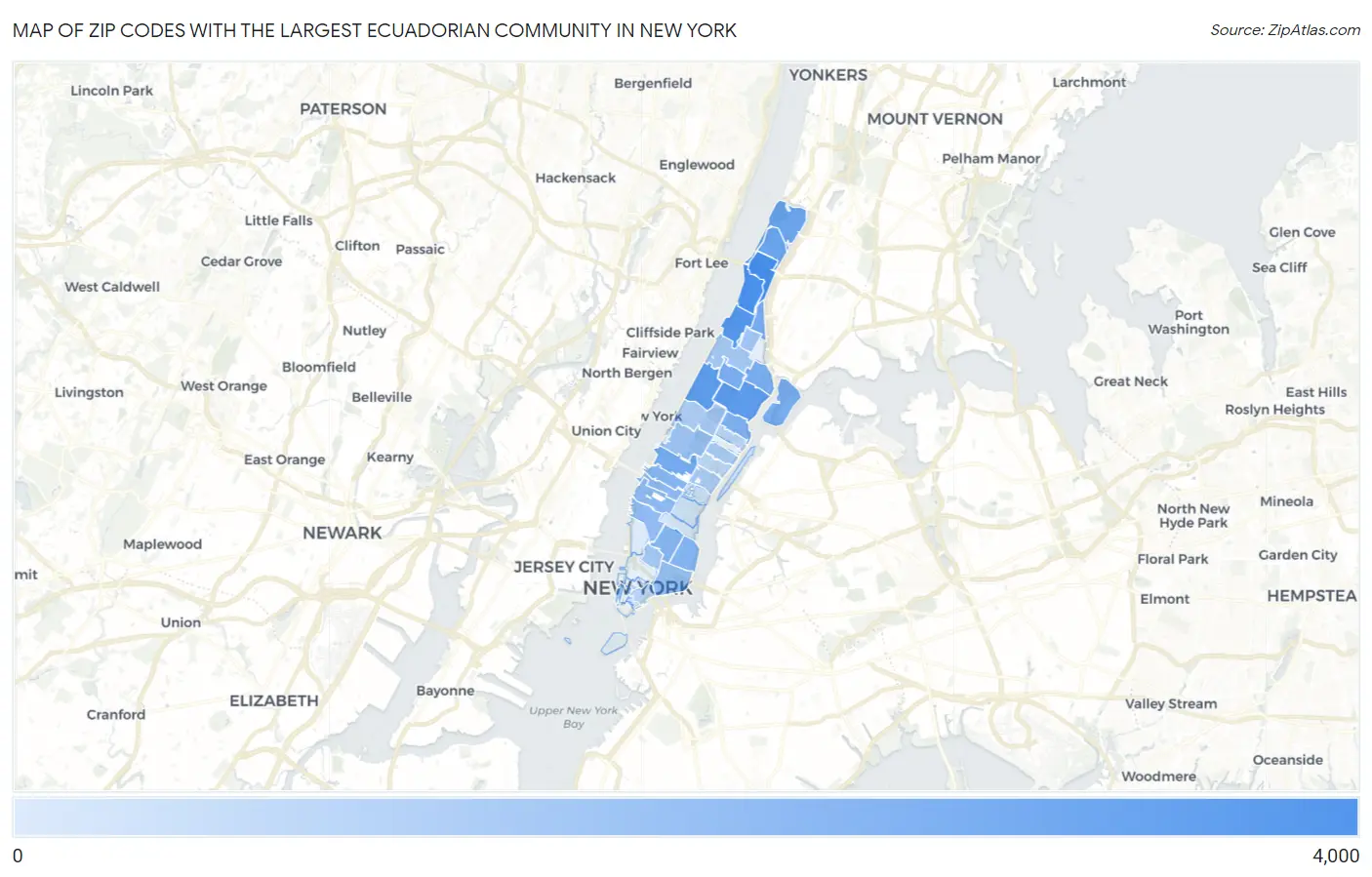 Zip Codes with the Largest Ecuadorian Community in New York Map