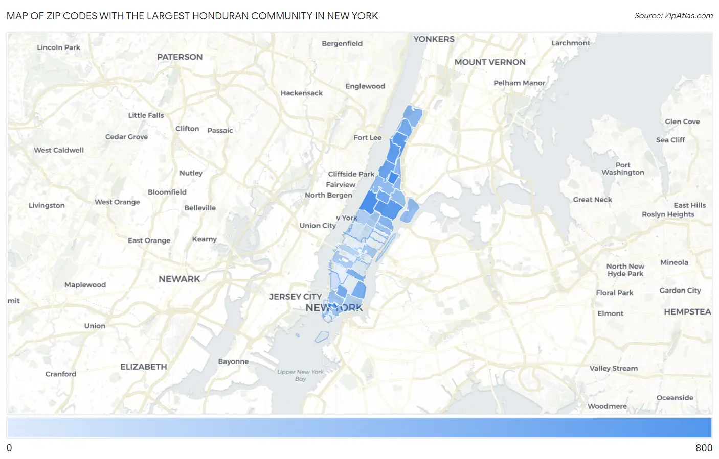 Zip Codes with the Largest Honduran Community in New York Map