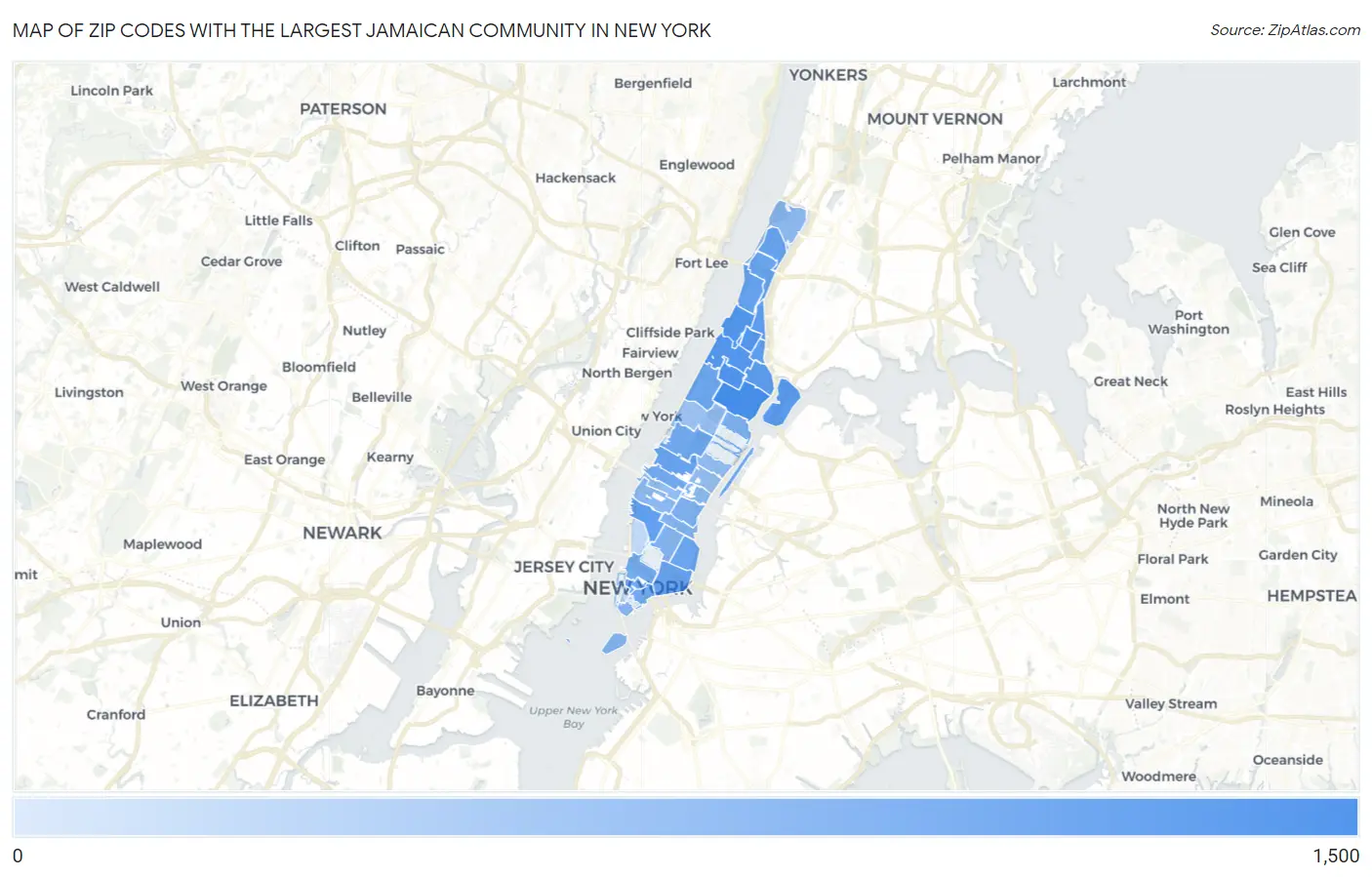 Zip Codes with the Largest Jamaican Community in New York Map