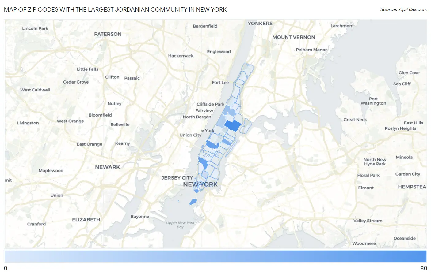 Zip Codes with the Largest Jordanian Community in New York Map