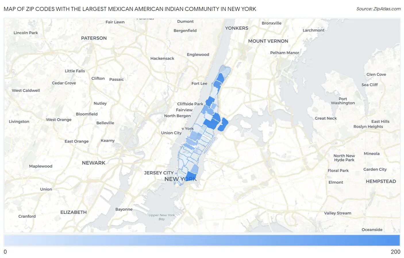 Zip Codes with the Largest Mexican American Indian Community in New York Map