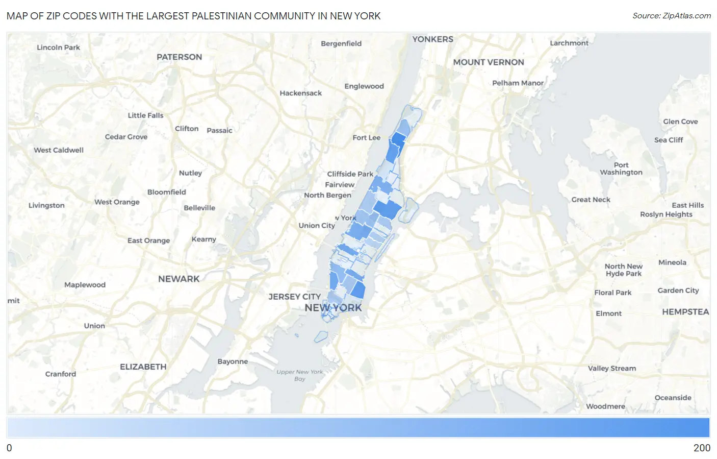 Zip Codes with the Largest Palestinian Community in New York Map