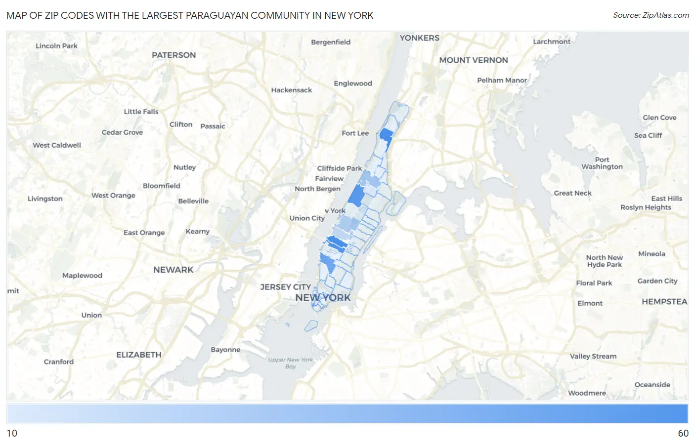 Zip Codes with the Largest Paraguayan Community in New York Map