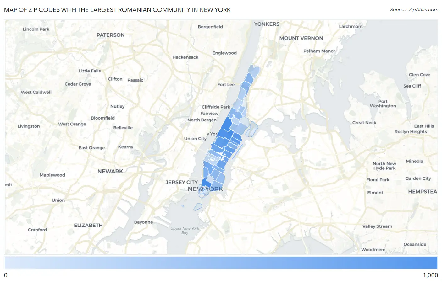 Zip Codes with the Largest Romanian Community in New York Map