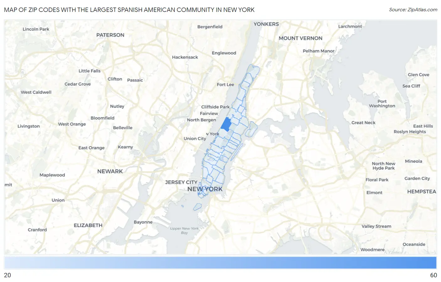 Zip Codes with the Largest Spanish American Community in New York Map