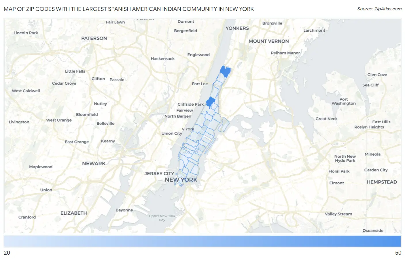 Zip Codes with the Largest Spanish American Indian Community in New York Map