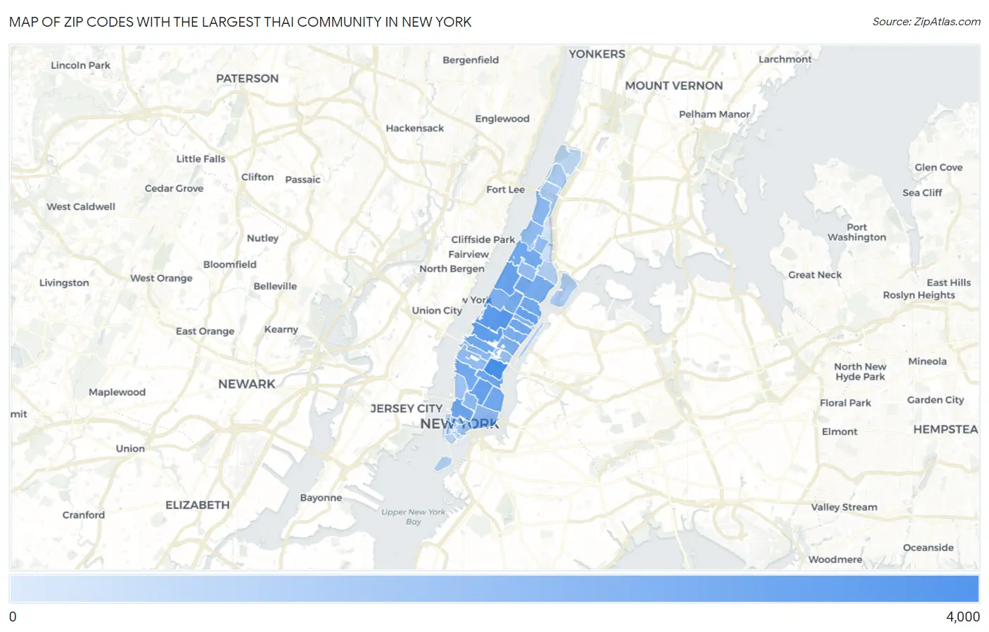 Zip Codes with the Largest Thai Community in New York Map