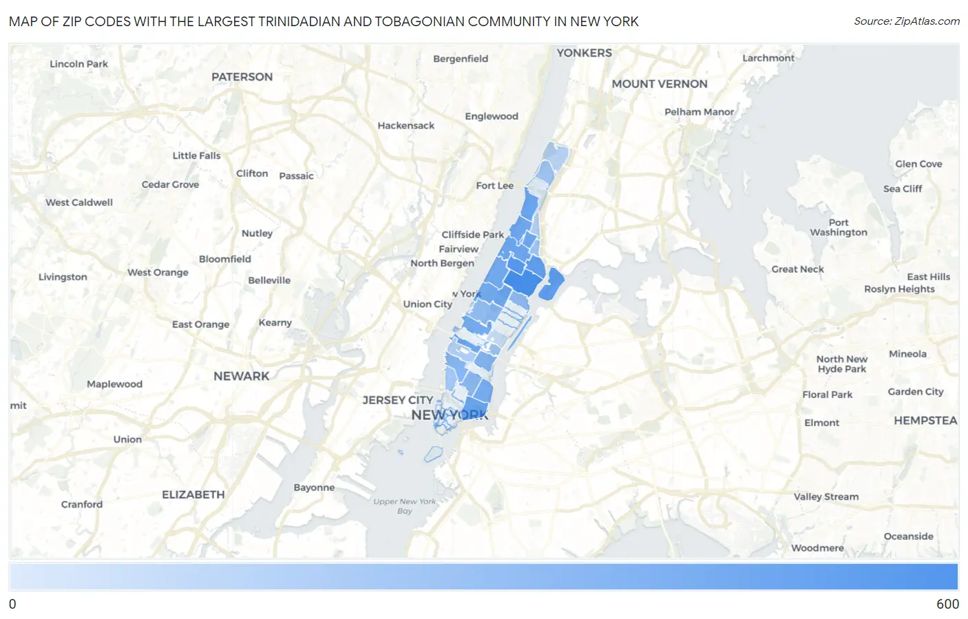 Zip Codes with the Largest Trinidadian and Tobagonian Community in New York Map