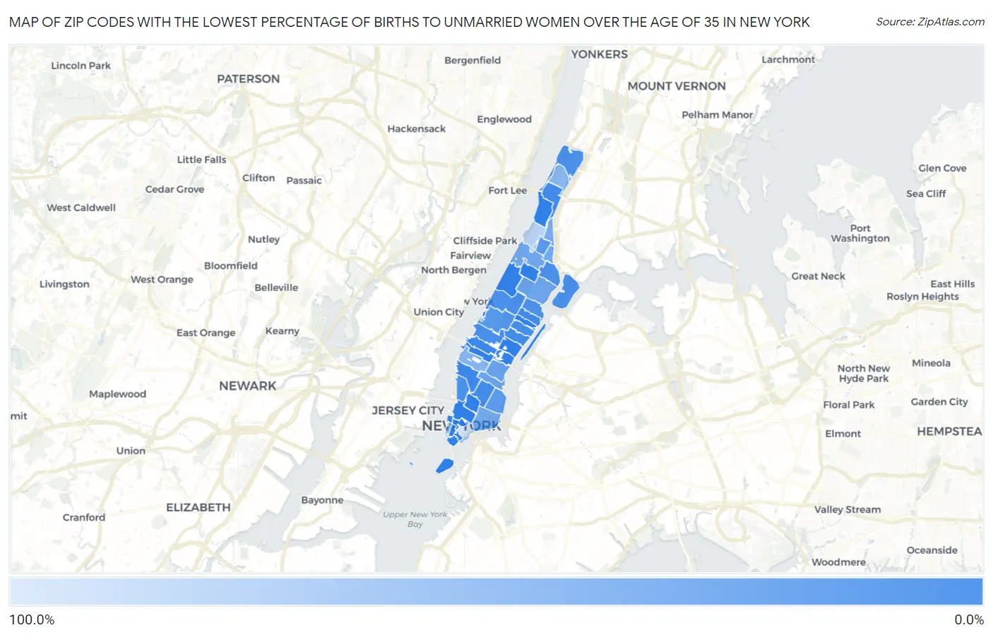 Zip Codes with the Lowest Percentage of Births to Unmarried Women over the Age of 35 in New York Map