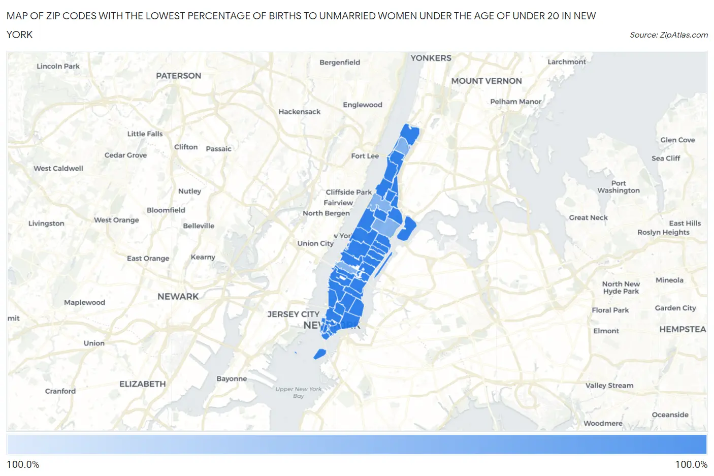 Zip Codes with the Lowest Percentage of Births to Unmarried Women under the Age of under 20 in New York Map