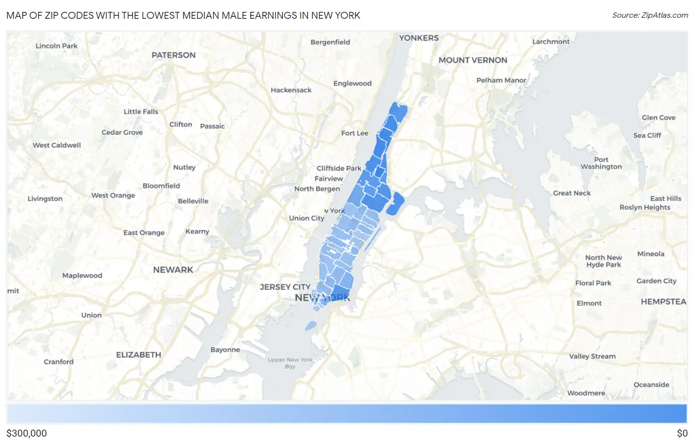 Zip Codes with the Lowest Median Male Earnings in New York Map