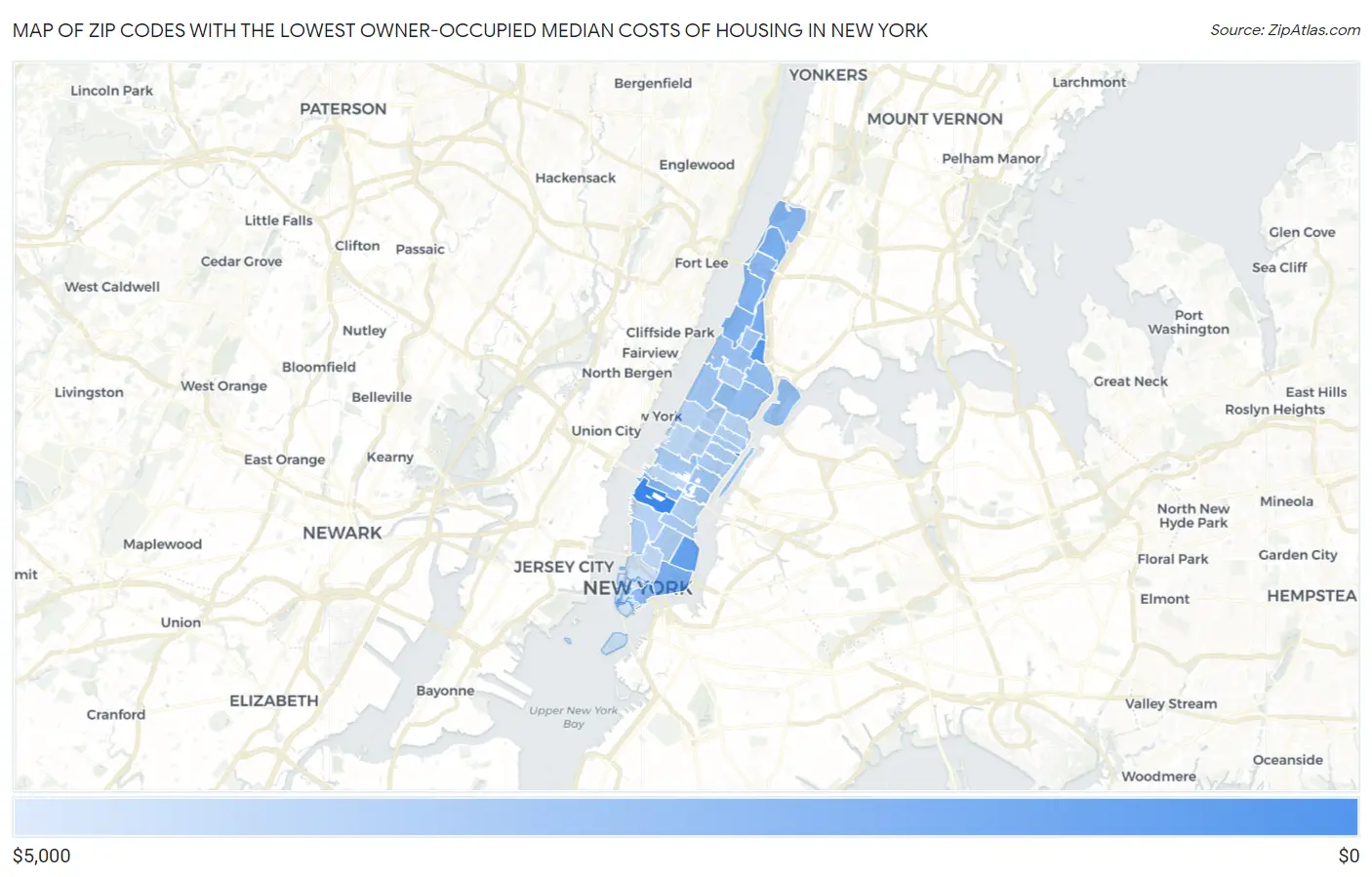 Zip Codes with the Lowest Owner-Occupied Median Costs of Housing in New York Map