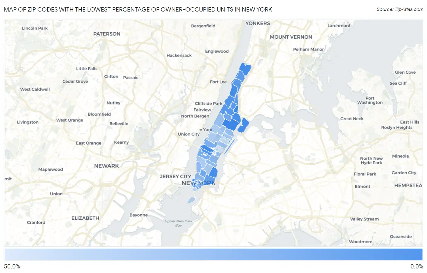 Zip Codes with the Lowest Percentage of Owner-Occupied Units in New York Map
