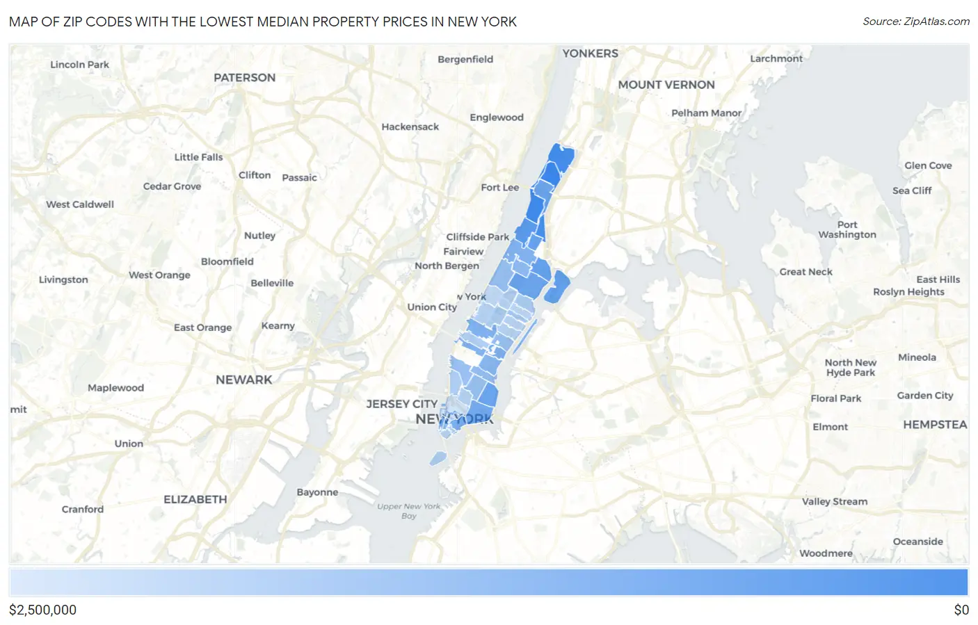 Zip Codes with the Lowest Median Property Prices in New York Map