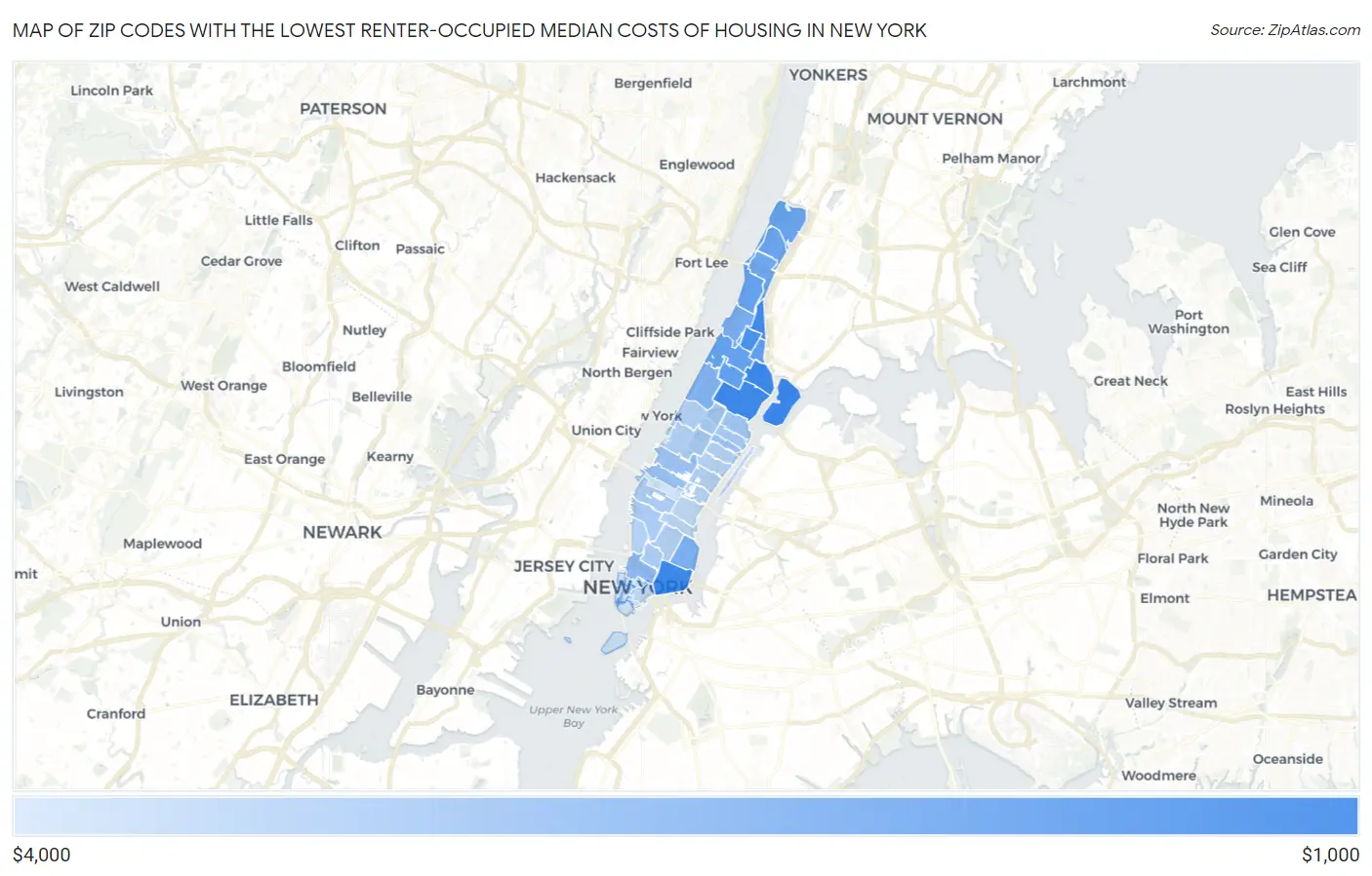 Zip Codes with the Lowest Renter-Occupied Median Costs of Housing in New York Map