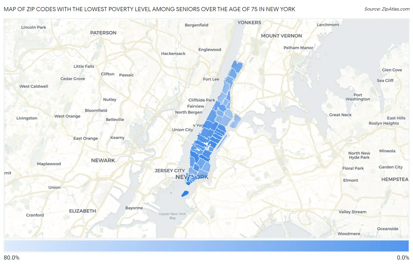 Zip Codes with the Lowest Poverty Level Among Seniors Over the Age of 75 in New York Map