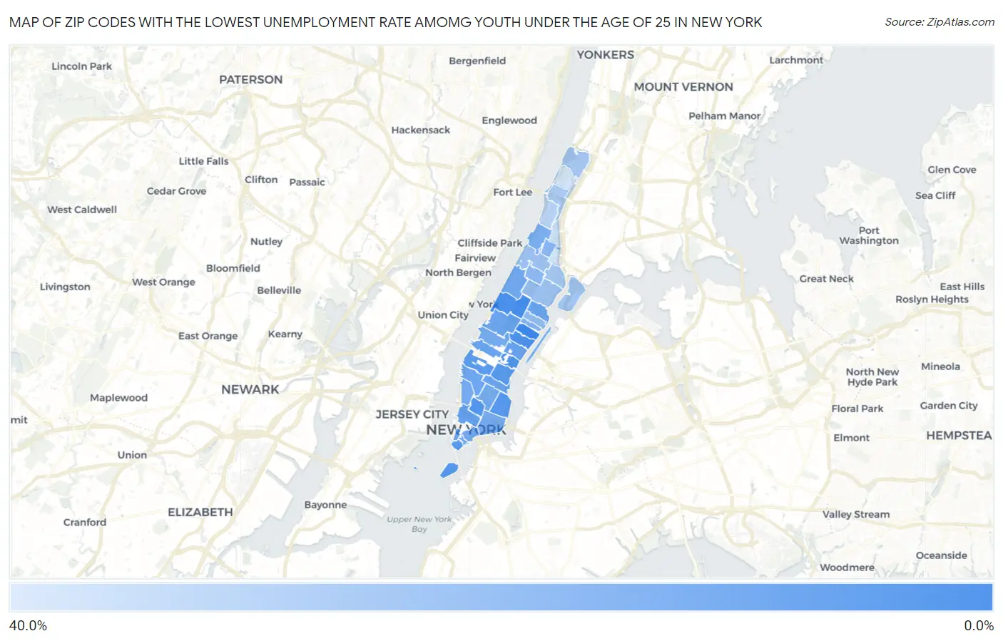 Zip Codes with the Lowest Unemployment Rate Amomg Youth Under the Age of 25 in New York Map