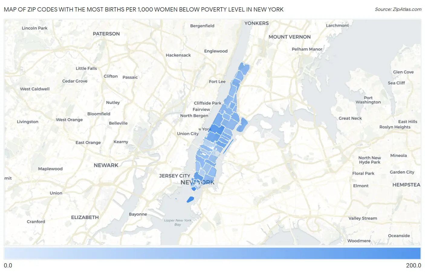 Zip Codes with the Most Births per 1,000 Women Below Poverty Level in New York Map
